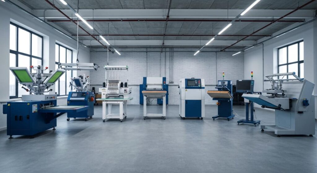 apparel printing and embroidery industrial customization factory floor - Feaxe Sports