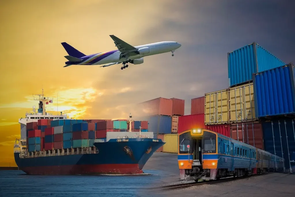 Feaxe Sports global delivery concept featuring an athlete holding a shipped package, highlighting international logistics with a cargo ship, airplane, and train.