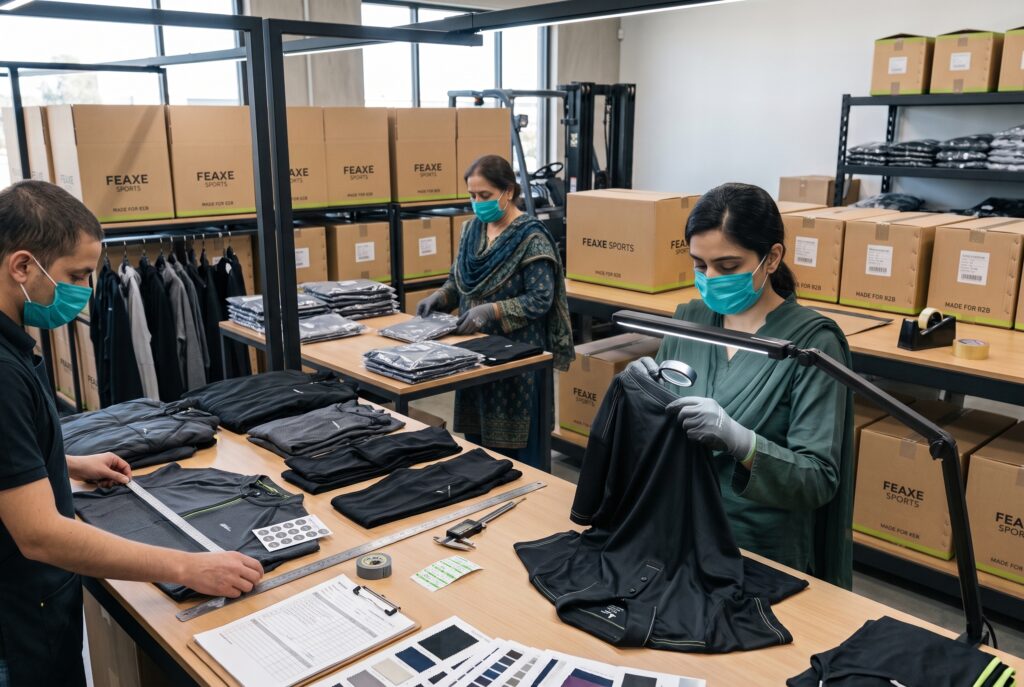 Quality control workers inspecting sportswear stitching, measurements, and packaging export orders in a clean garment manufacturing facility.