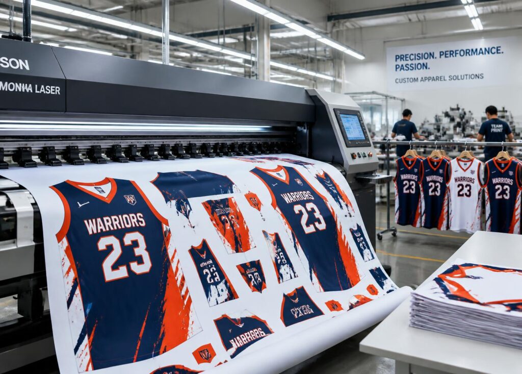 Quality control workers inspecting sportswear stitching, measurements, and packaging export orders in a clean garment manufacturing facility.